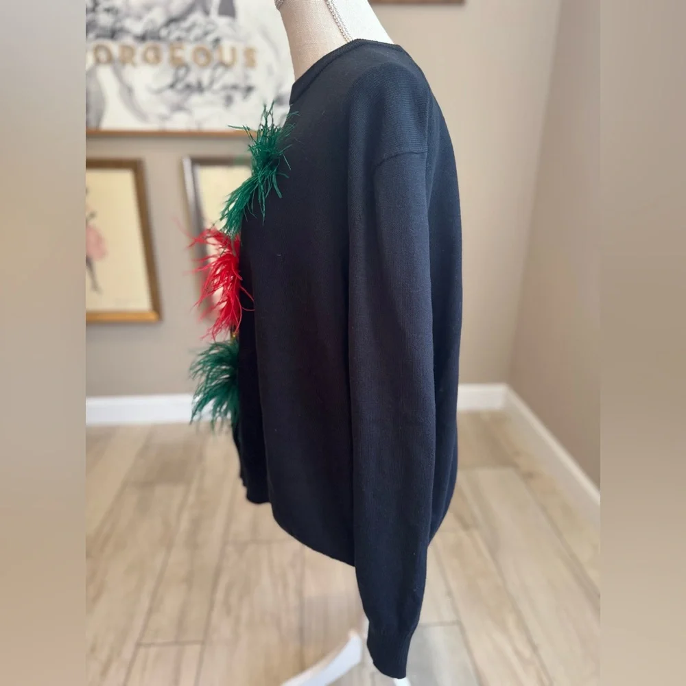 New! QUEEN OF SPARKLES Ho Ho Ho Black Crewneck Feather & Tinsel Sweater